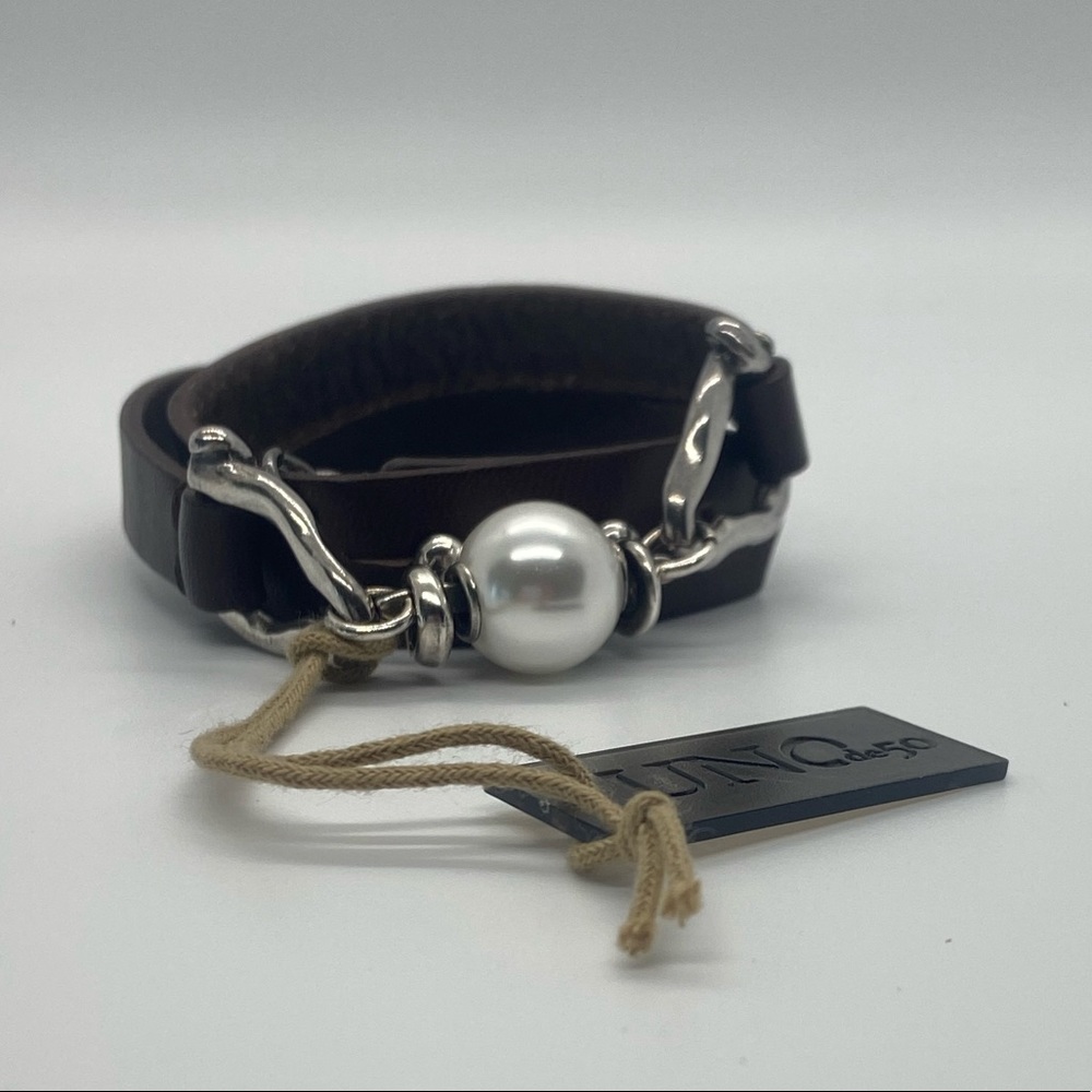 Uno de 50 Pearl Silver Choper Leather Bracelet